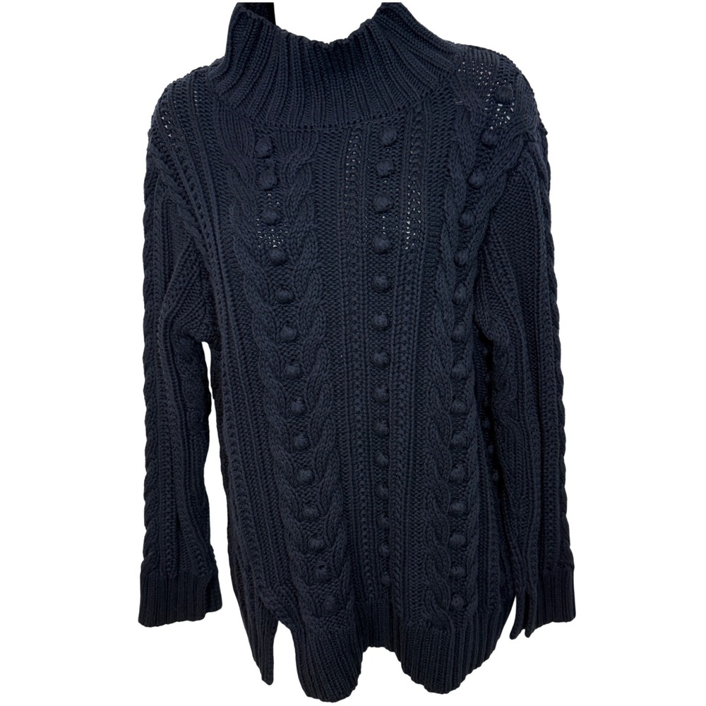 525 America Navy Cable Knit Bobble Mockneck Sweater Womens M Nantucket Fisherman